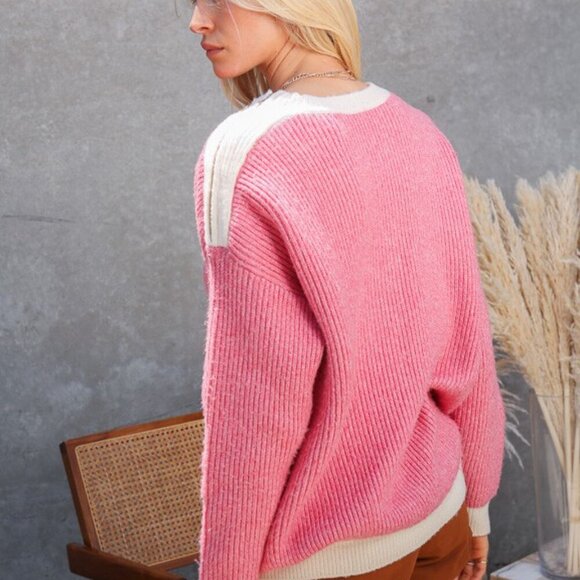 LUMIERE Ribbed Sweater, White Trim, Cozy Knit Pullover - Picture 5 of 6